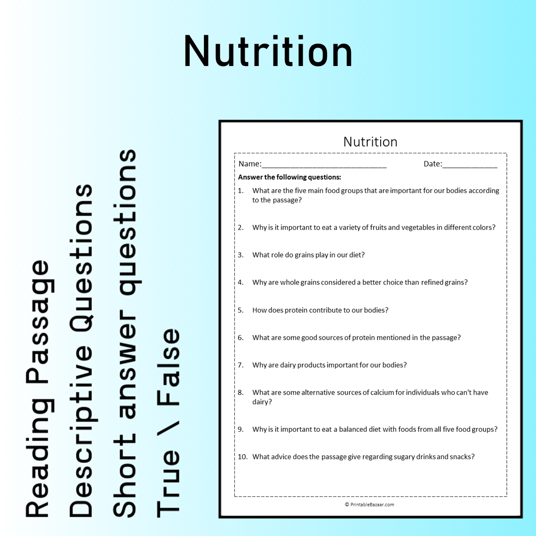 Nutrition | Reading Comprehension Passage Printable Worksheet