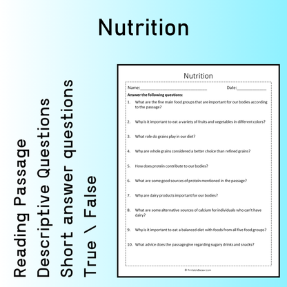 Nutrition | Reading Comprehension Passage Printable Worksheet