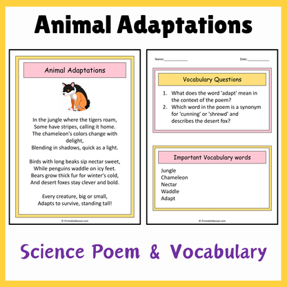 Animal Adaptations | Science Poem Reading Comprehension Activity