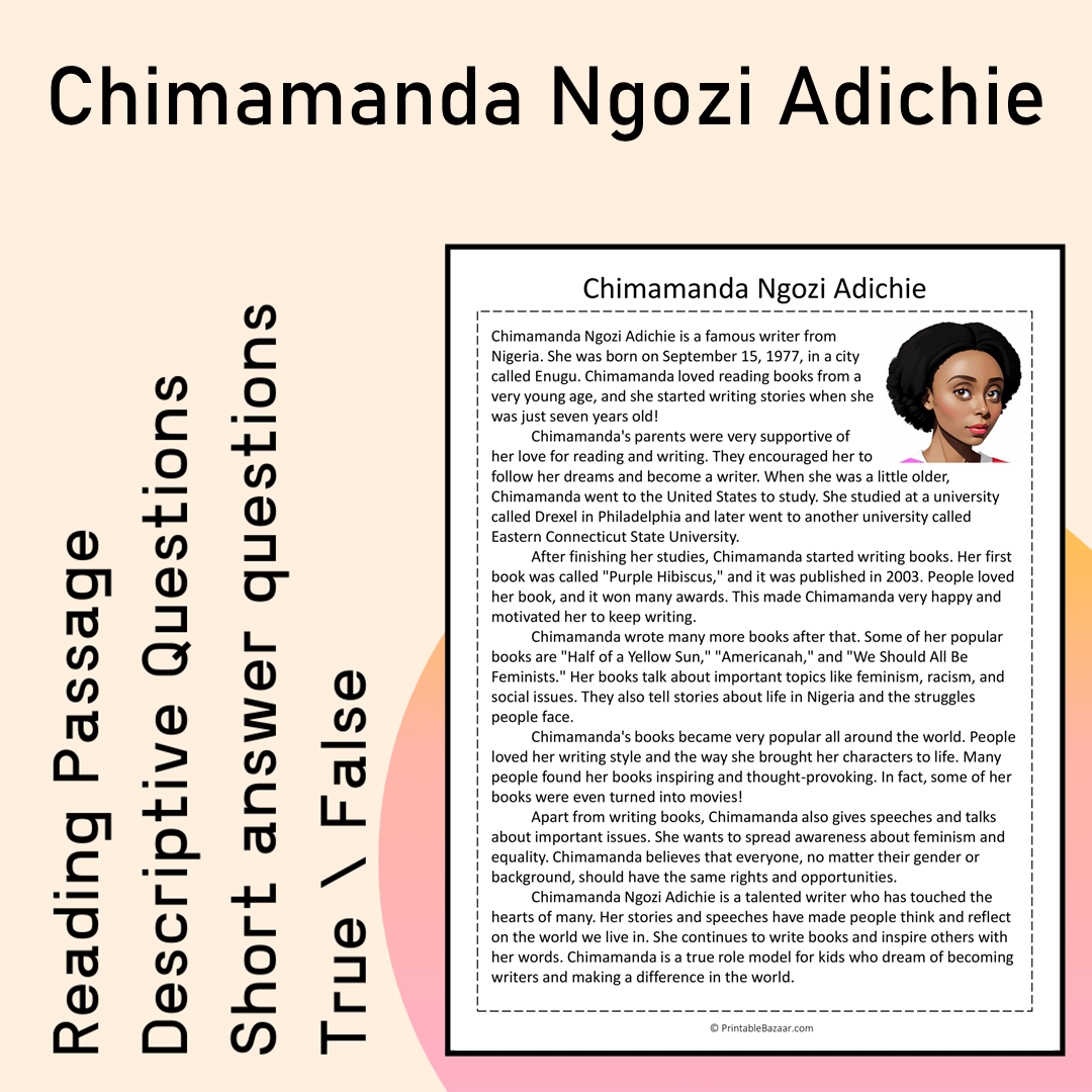 Chimamanda Ngozi Adichie | Reading Comprehension Passage Printable Activity