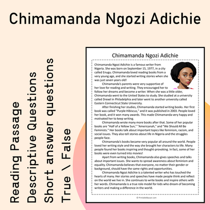 Chimamanda Ngozi Adichie | Reading Comprehension Passage Printable Activity