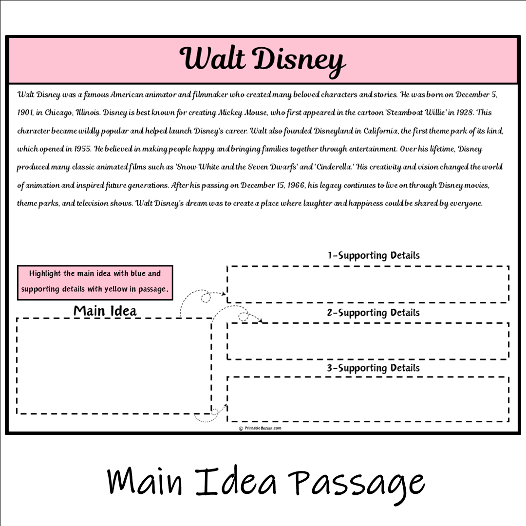 Walt Disney | Main Idea and Supporting Details Reading Passage and Questions