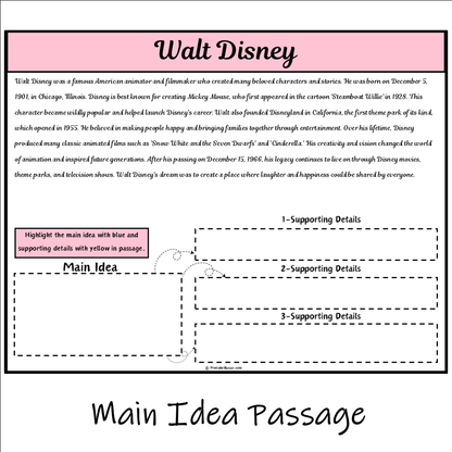 Walt Disney | Main Idea and Supporting Details Reading Passage and Questions