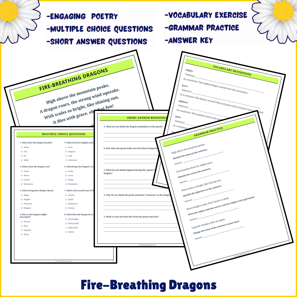 Fire-Breathing Dragons | Poem Grammar Worksheet Printable Activity