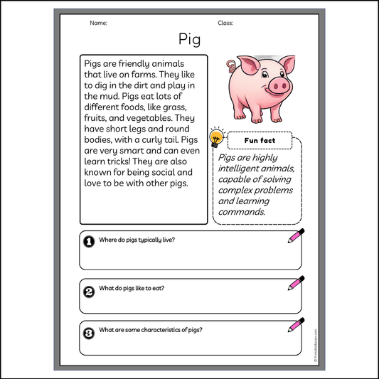 Pig | Reading Passage Comprehension Questions Writing Facts Worksheet