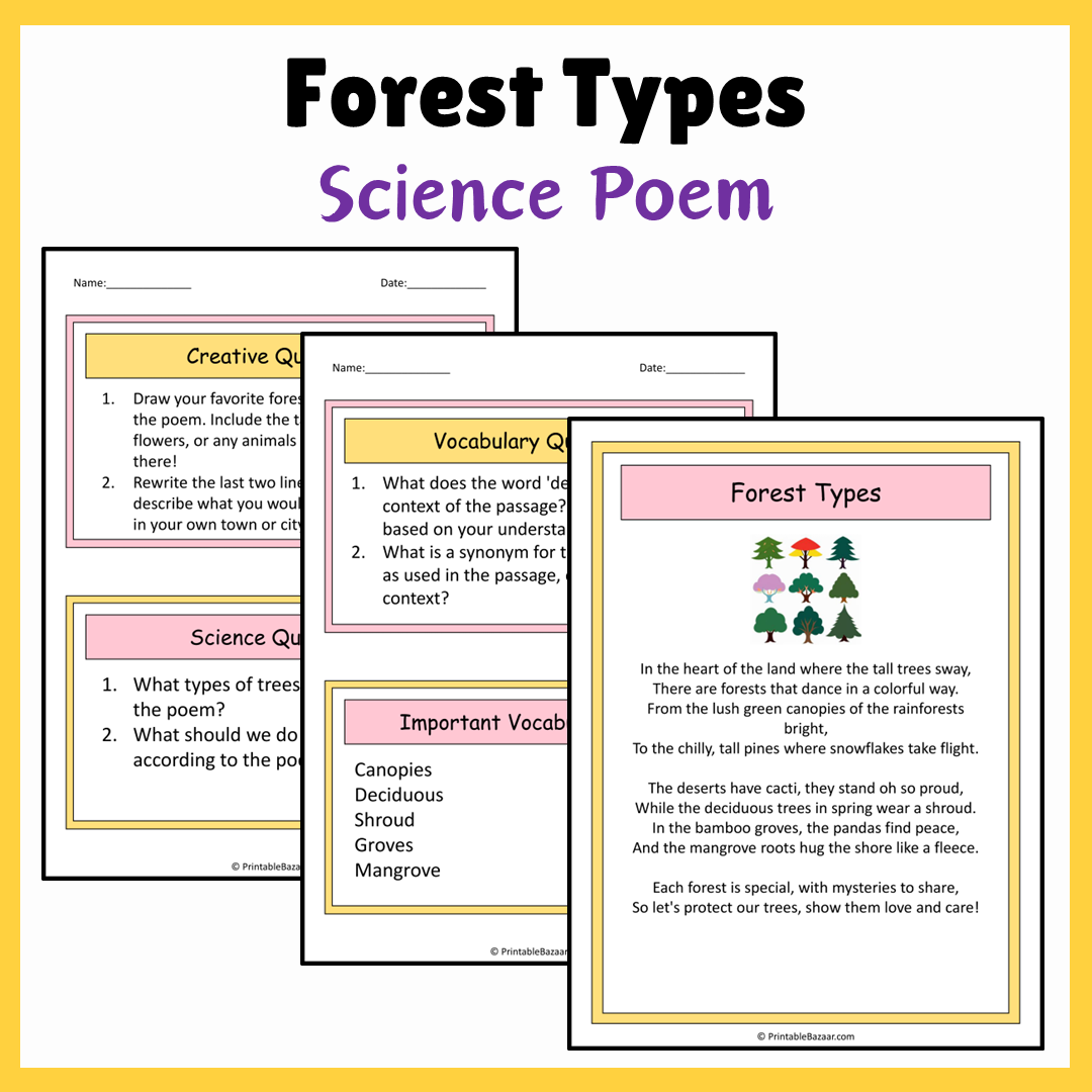 Forest Types | Science Poem Reading Comprehension Activity