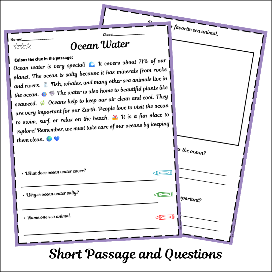 Ocean Water | Short Reading Comprehension Creative Worksheet