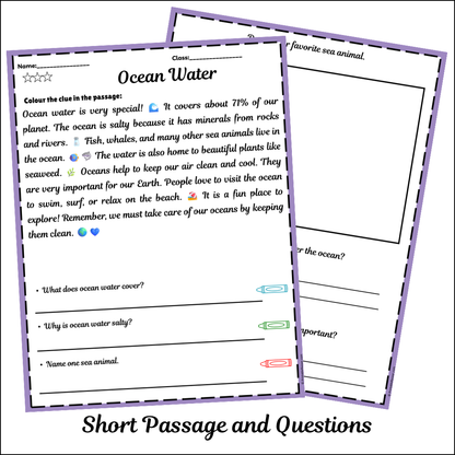 Ocean Water | Short Reading Comprehension Creative Worksheet