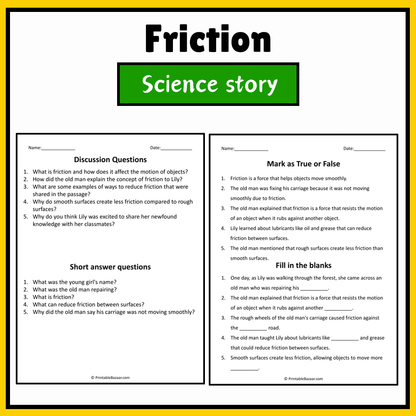 Friction | Science Story Reading Comprehension Activity