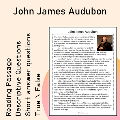 John James Audubon | Reading Comprehension Passage Printable Activity