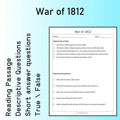 War of 1812 | Reading Comprehension Passage Printable Worksheet