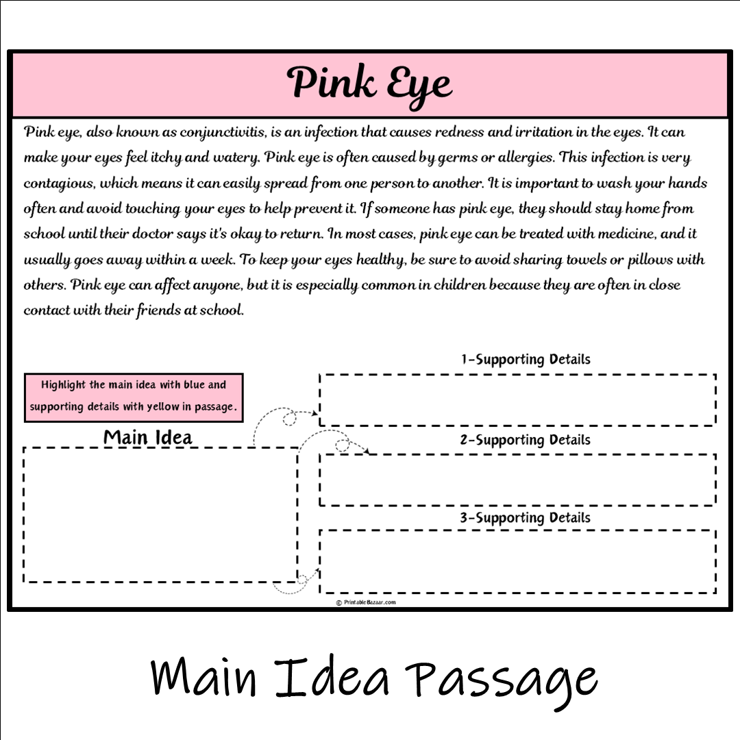 Pink Eye | Main Idea and Supporting Details Reading Passage and Questions