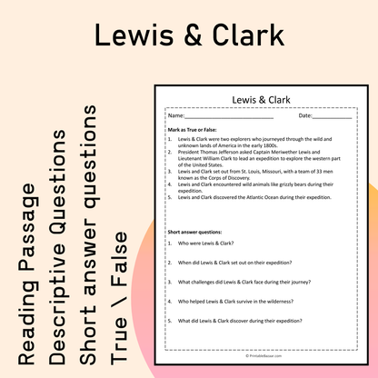 Lewis & Clark | Reading Comprehension Passage Printable Activity