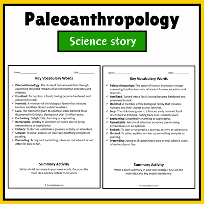 Paleoanthropology | Science Story Reading Comprehension Activity