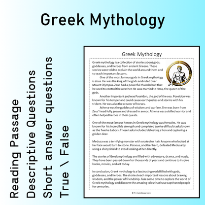 Greek Mythology | Reading Comprehension Passage Printable Worksheet