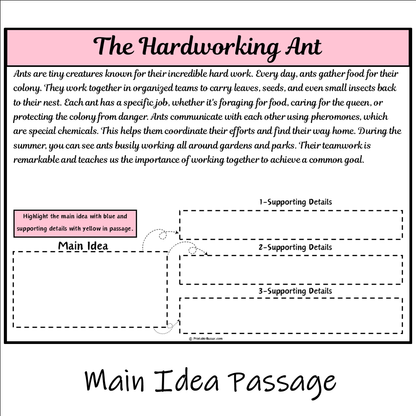 The Hardworking Ant | Main Idea and Supporting Details Reading Passage and Questions