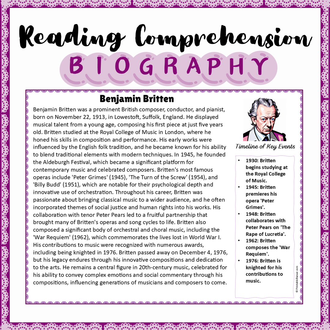 Benjamin Britten | Biography Reading Comprehension and Questions Worksheet