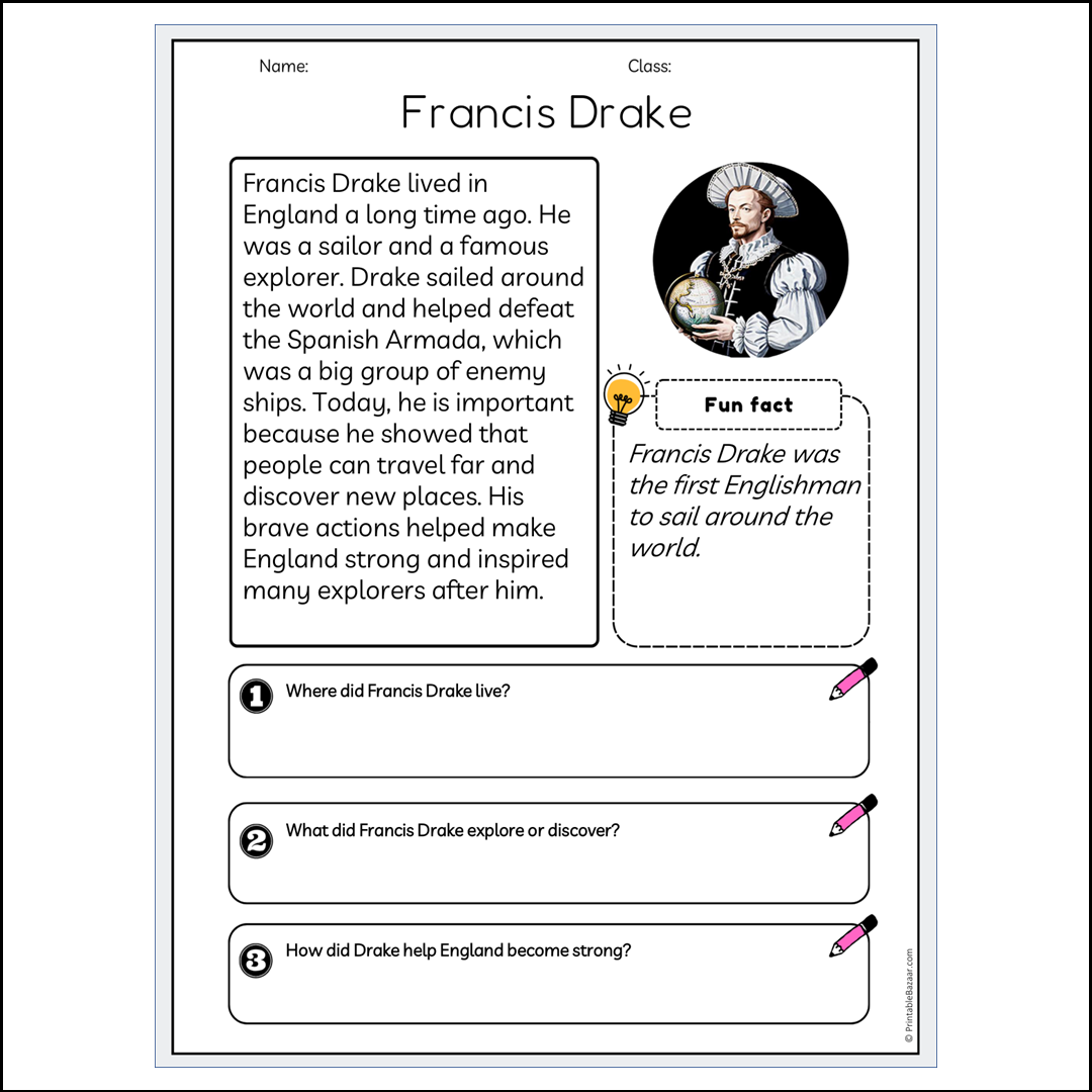 Francis Drake | Reading Passage Comprehension Questions Writing Facts Worksheet