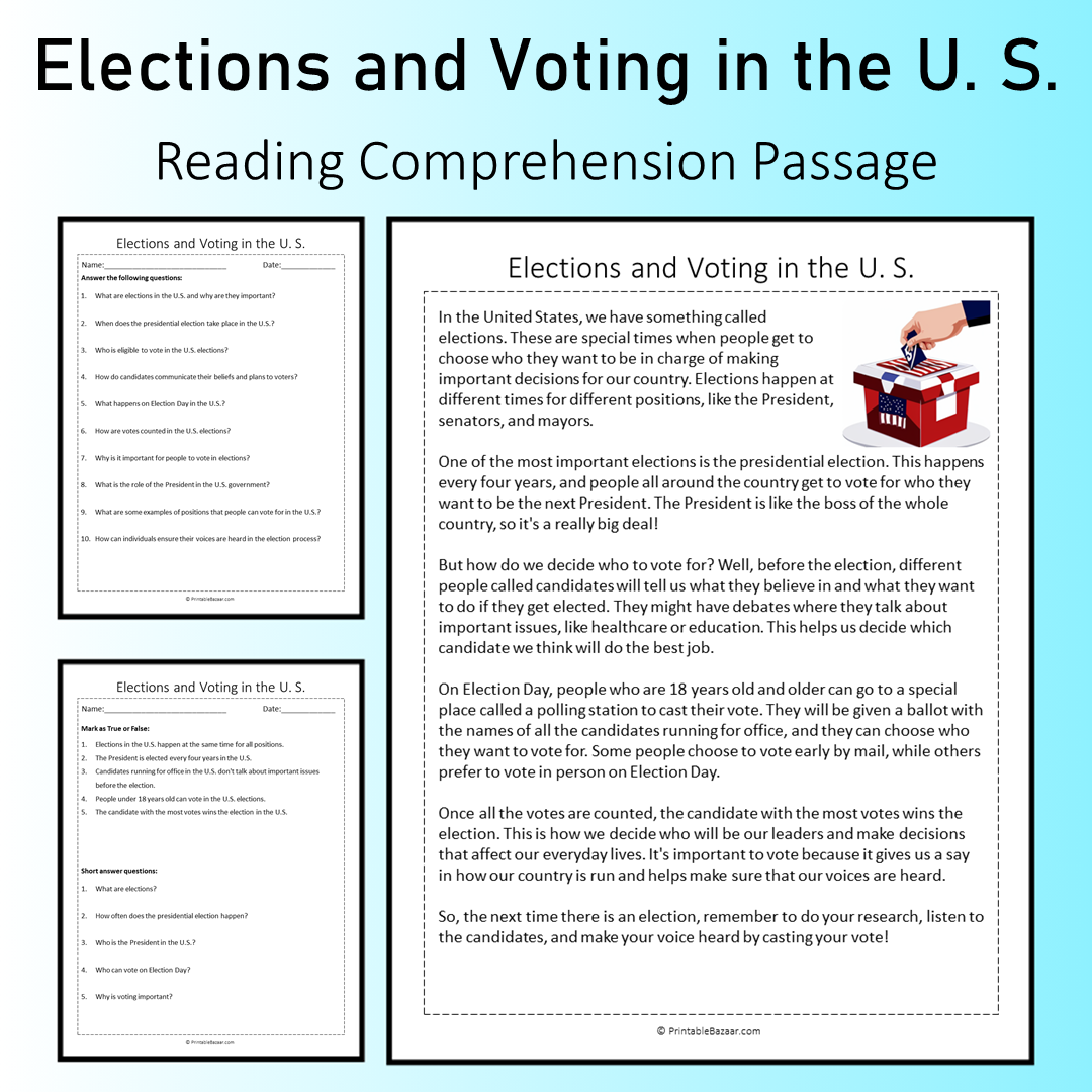 Elections and Voting in the U. S. | Reading Comprehension Passage Printable Worksheet