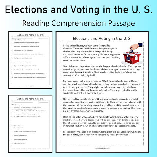 Elections and Voting in the U. S. | Reading Comprehension Passage Printable Worksheet