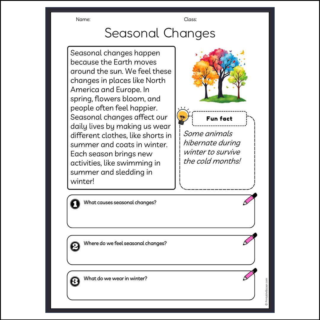 Seasonal Changes | Reading Passage Comprehension Questions Writing Facts Worksheet