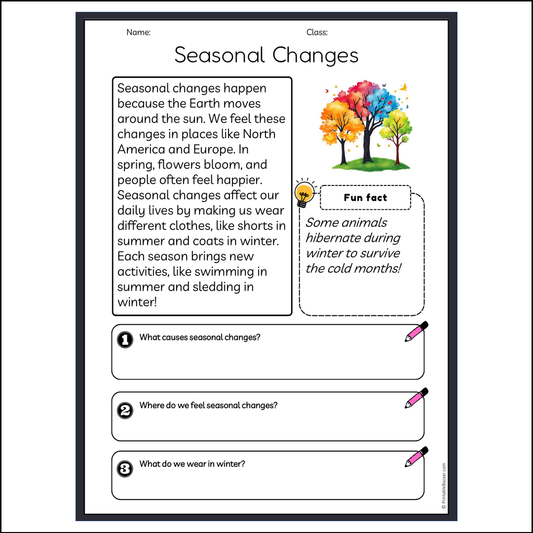 Seasonal Changes | Reading Passage Comprehension Questions Writing Facts Worksheet