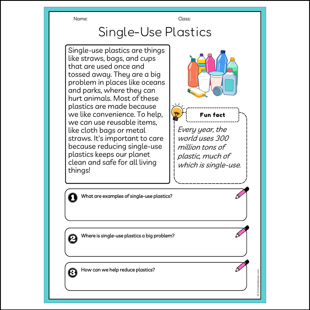 Single-Use Plastics | Reading Passage Comprehension Questions Writing Facts Worksheet