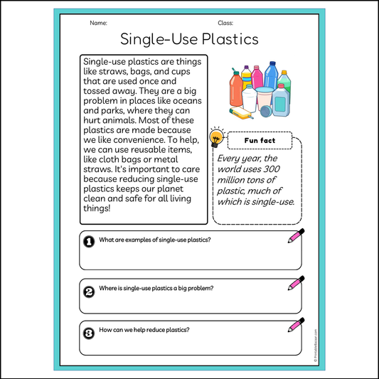 Single-Use Plastics | Reading Passage Comprehension Questions Writing Facts Worksheet