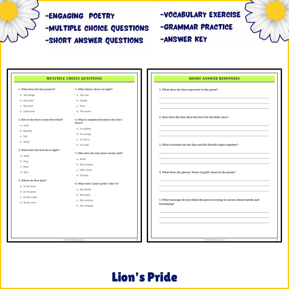 Lion's Pride | Poem Grammar Worksheet Printable Activity