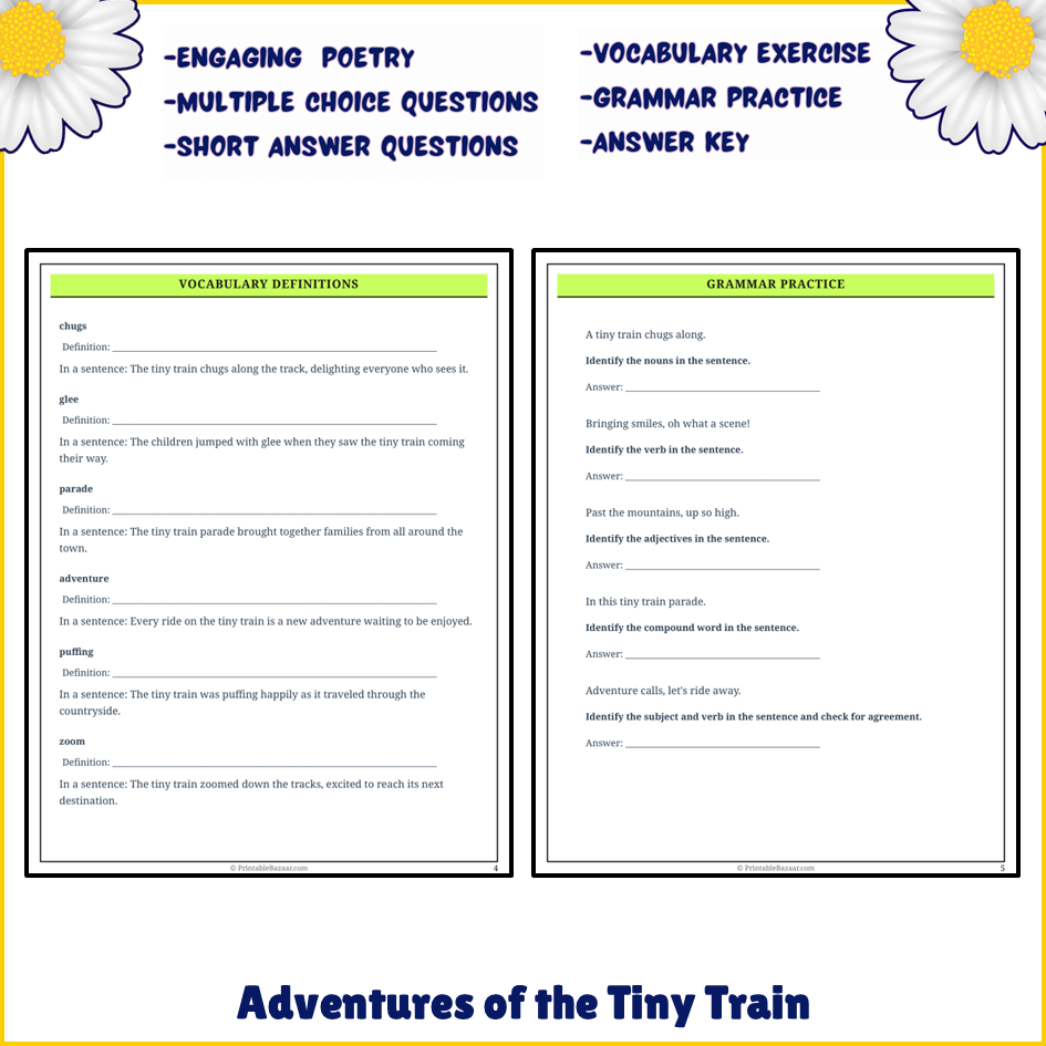 Adventures of the Tiny Train | Poem Grammar Worksheet Printable Activity