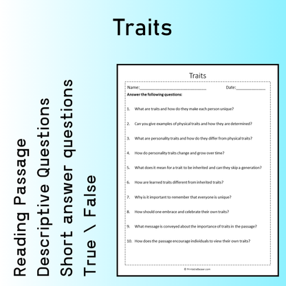 Traits | Reading Comprehension Passage Printable Worksheet