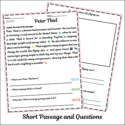 Peter Thiel | Short Reading Comprehension Creative Worksheet