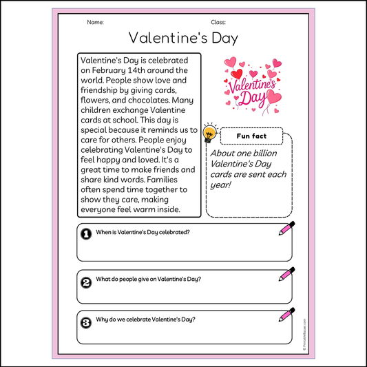 Valentine's Day | Reading Passage Comprehension Questions Writing Facts Worksheet