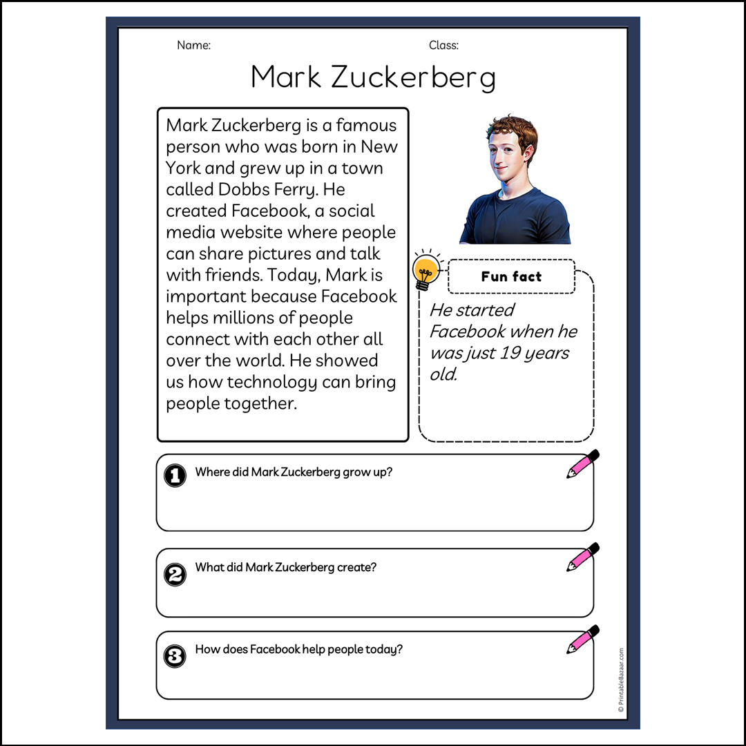 Mark Zuckerberg | Reading Passage Comprehension Questions Writing Facts Worksheet