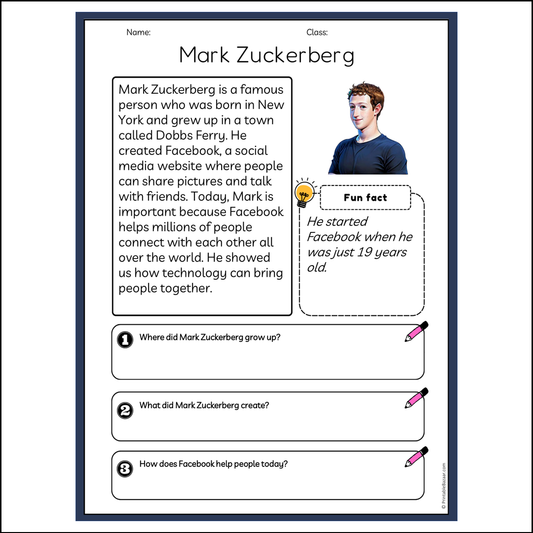 Mark Zuckerberg | Reading Passage Comprehension Questions Writing Facts Worksheet