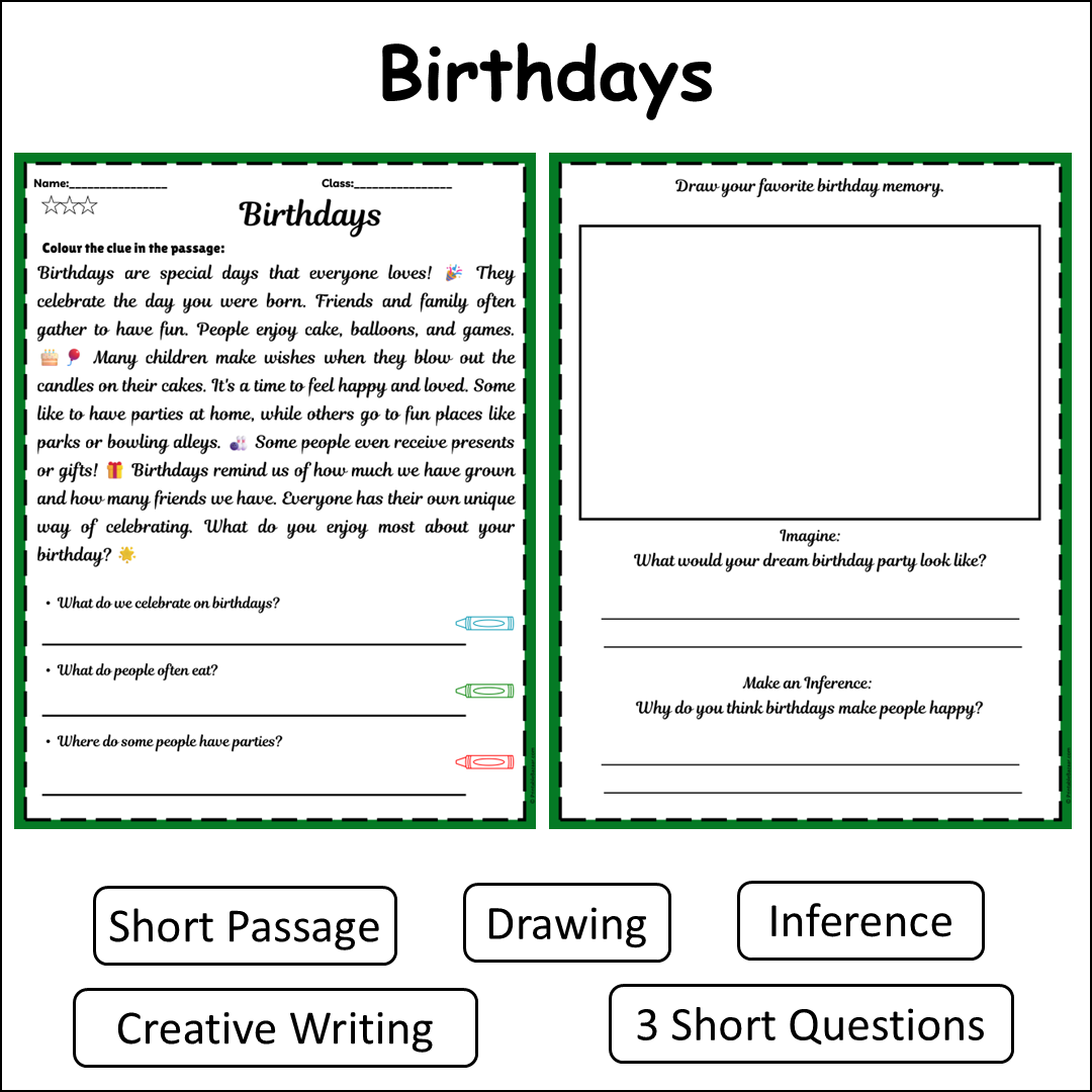Birthdays | Short Reading Comprehension Creative Worksheet