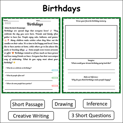 Birthdays | Short Reading Comprehension Creative Worksheet