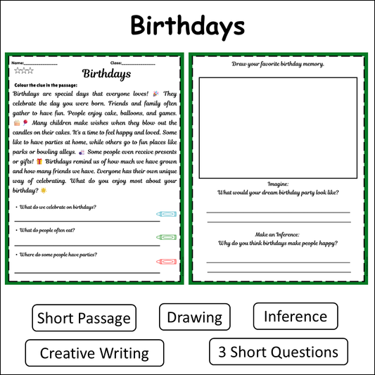 Birthdays | Short Reading Comprehension Creative Worksheet