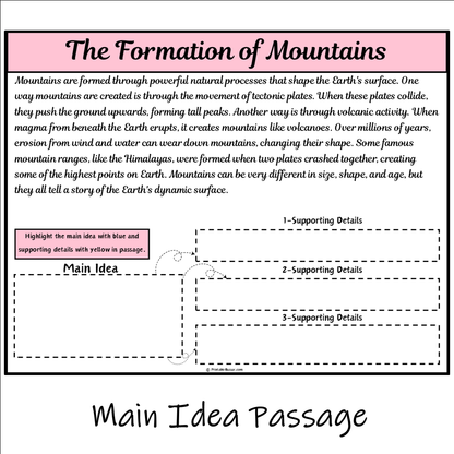 The Formation of Mountains | Main Idea and Supporting Details Reading Passage and Questions