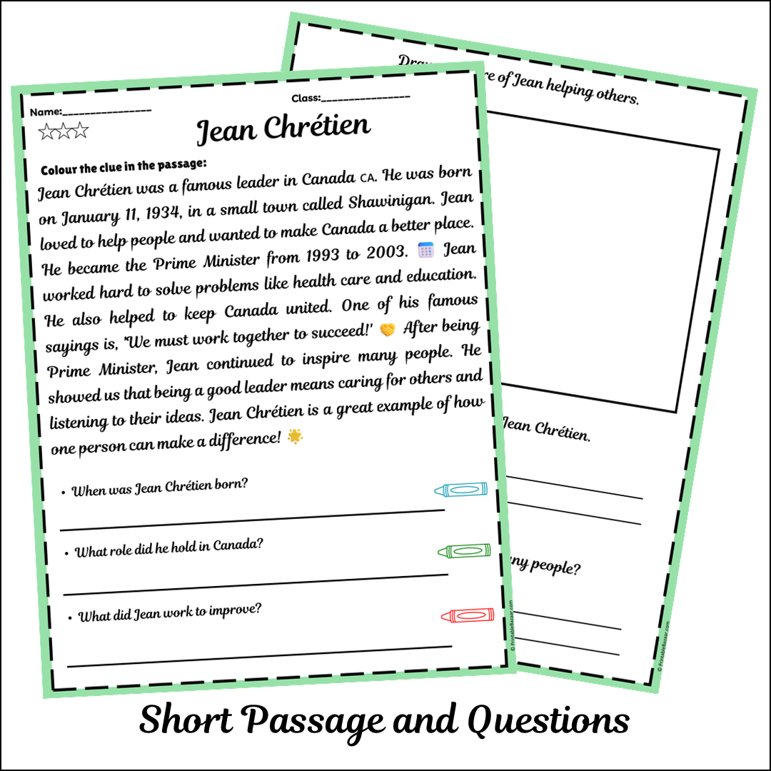 Jean Chrétien | Short Reading Comprehension Creative Worksheet