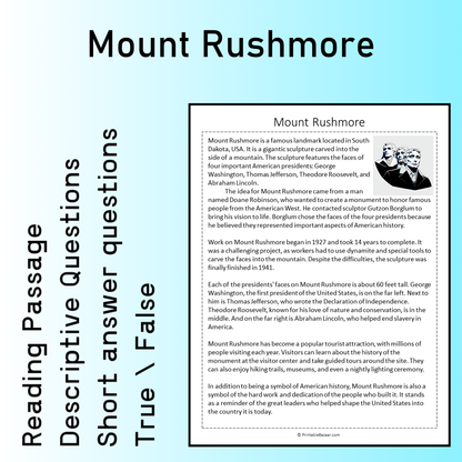 Mount Rushmore | Reading Comprehension Passage Printable Worksheet