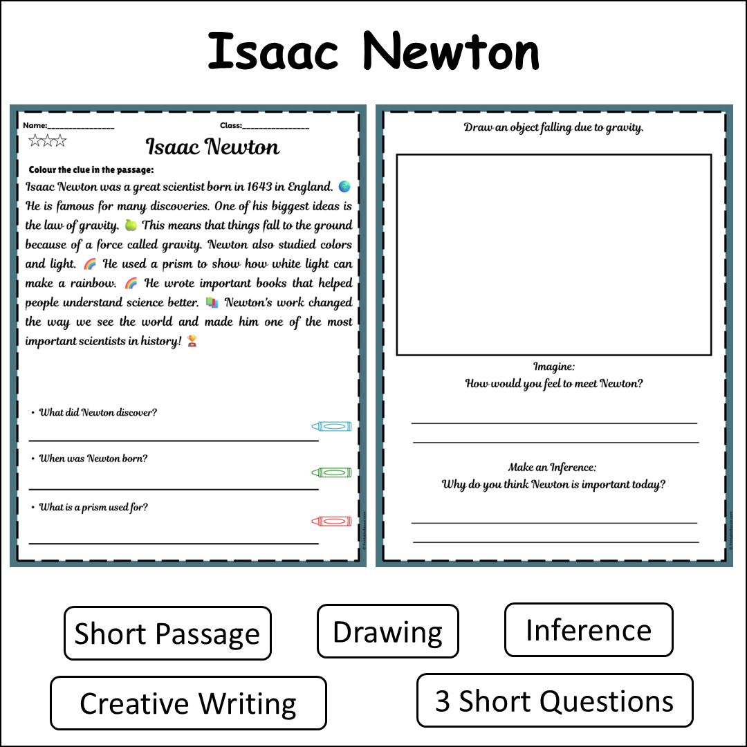 Isaac Newton | Short Reading Comprehension Creative Worksheet