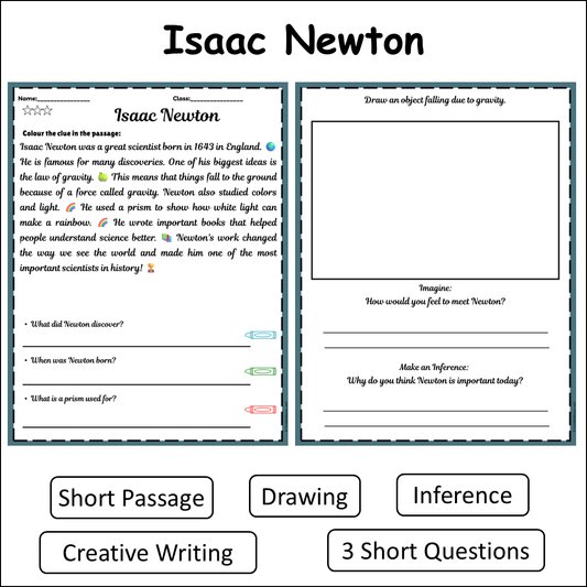 Isaac Newton | Short Reading Comprehension Creative Worksheet