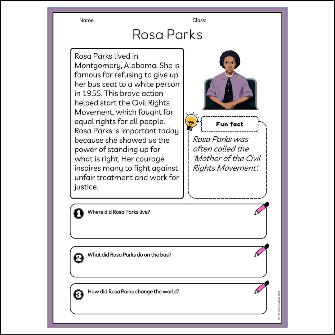 Rosa Parks | Reading Passage Comprehension Questions Writing Facts Worksheet