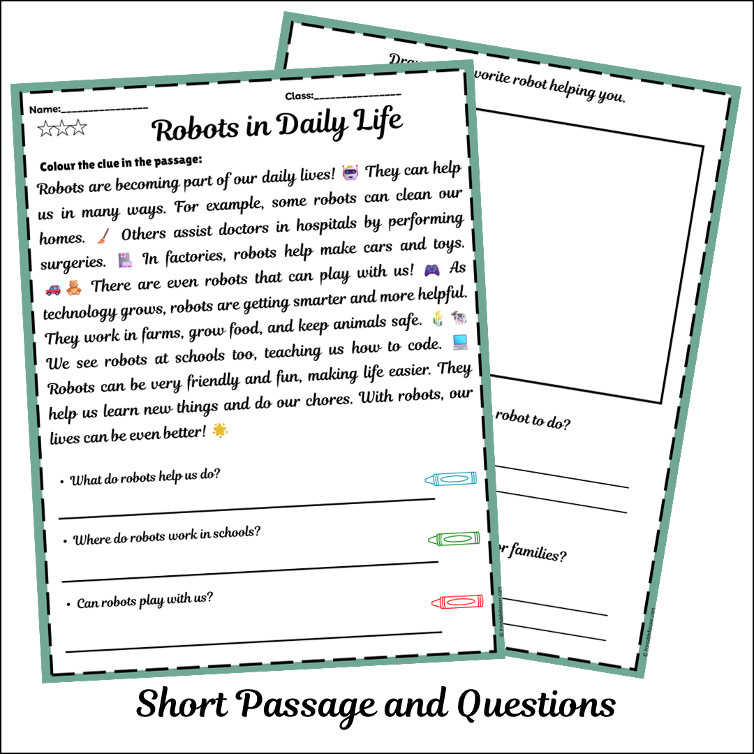 Robots in Daily Life | Short Reading Comprehension Creative Worksheet