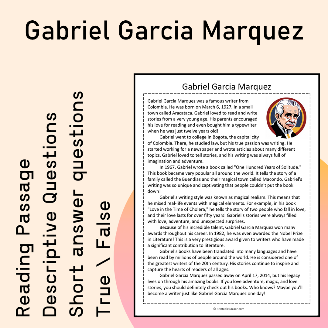 Gabriel Garcia Marquez | Reading Comprehension Passage Printable Activity