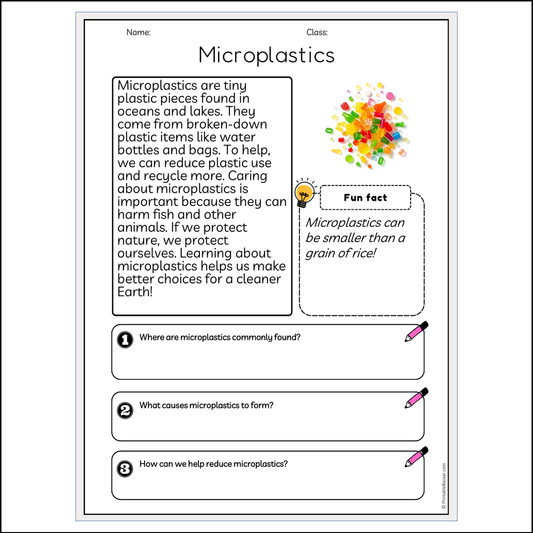 Microplastics | Reading Passage Comprehension Questions Writing Facts Worksheet