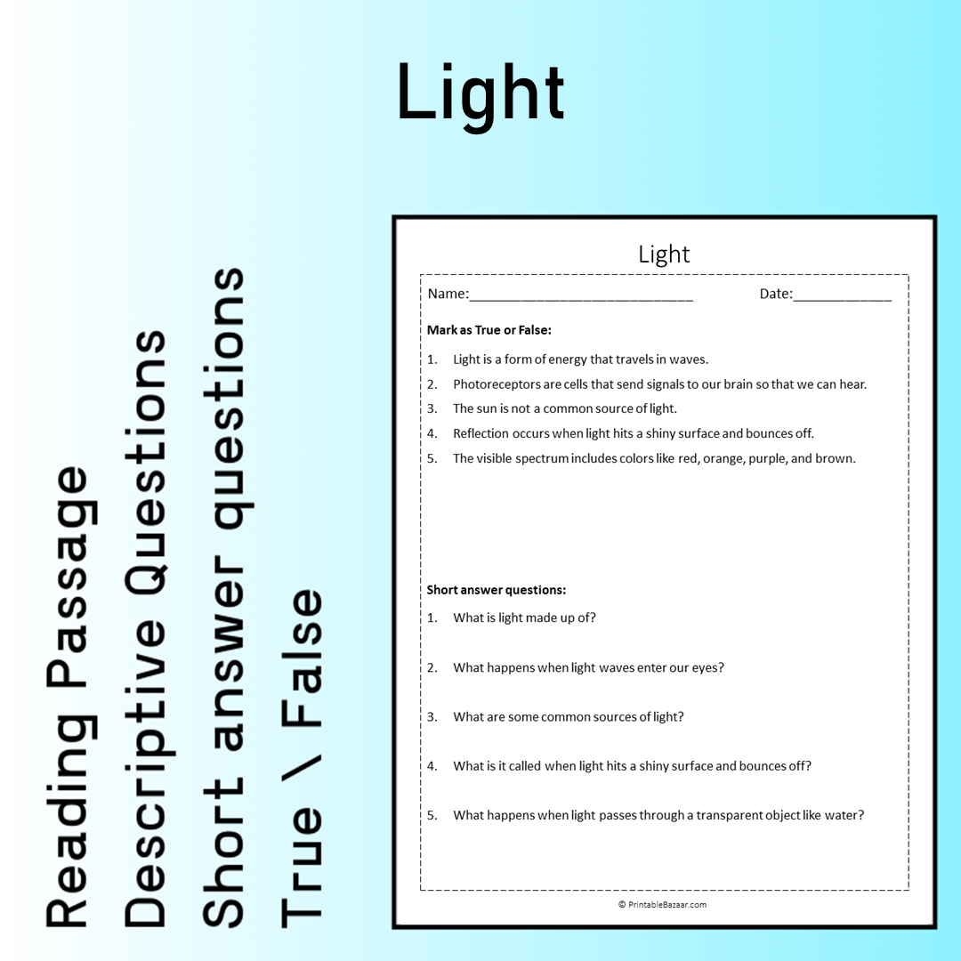 Light | Reading Comprehension Passage Printable Worksheet