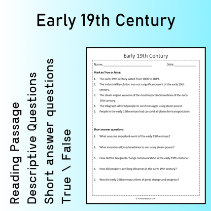 Early 19th Century | Reading Comprehension Passage Printable Worksheet