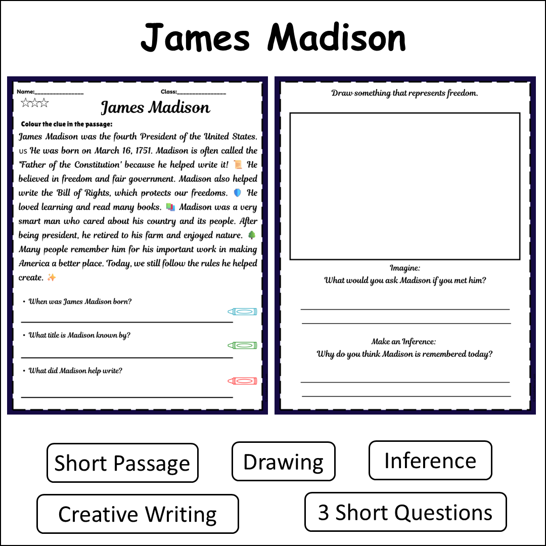 James Madison | Short Reading Comprehension Creative Worksheet